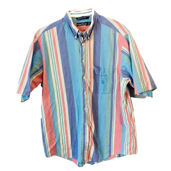 Vintage 1990's Nautica Pastel Striped Short Sleeve Button Shirt Mens Large - Picture 12 of 12